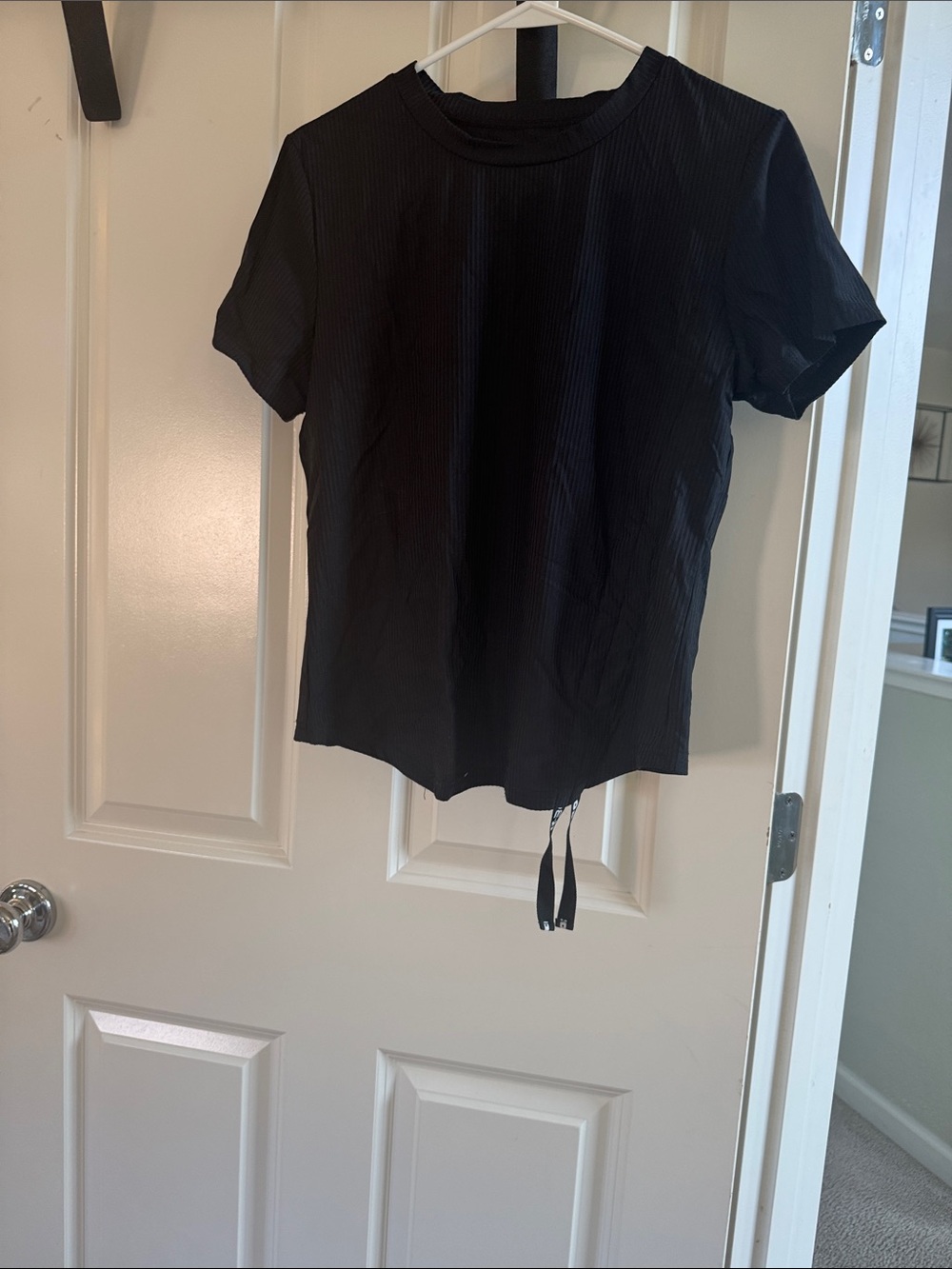 Women's Black Ribbed Short-Sleeve Tee with Hem Drawstring